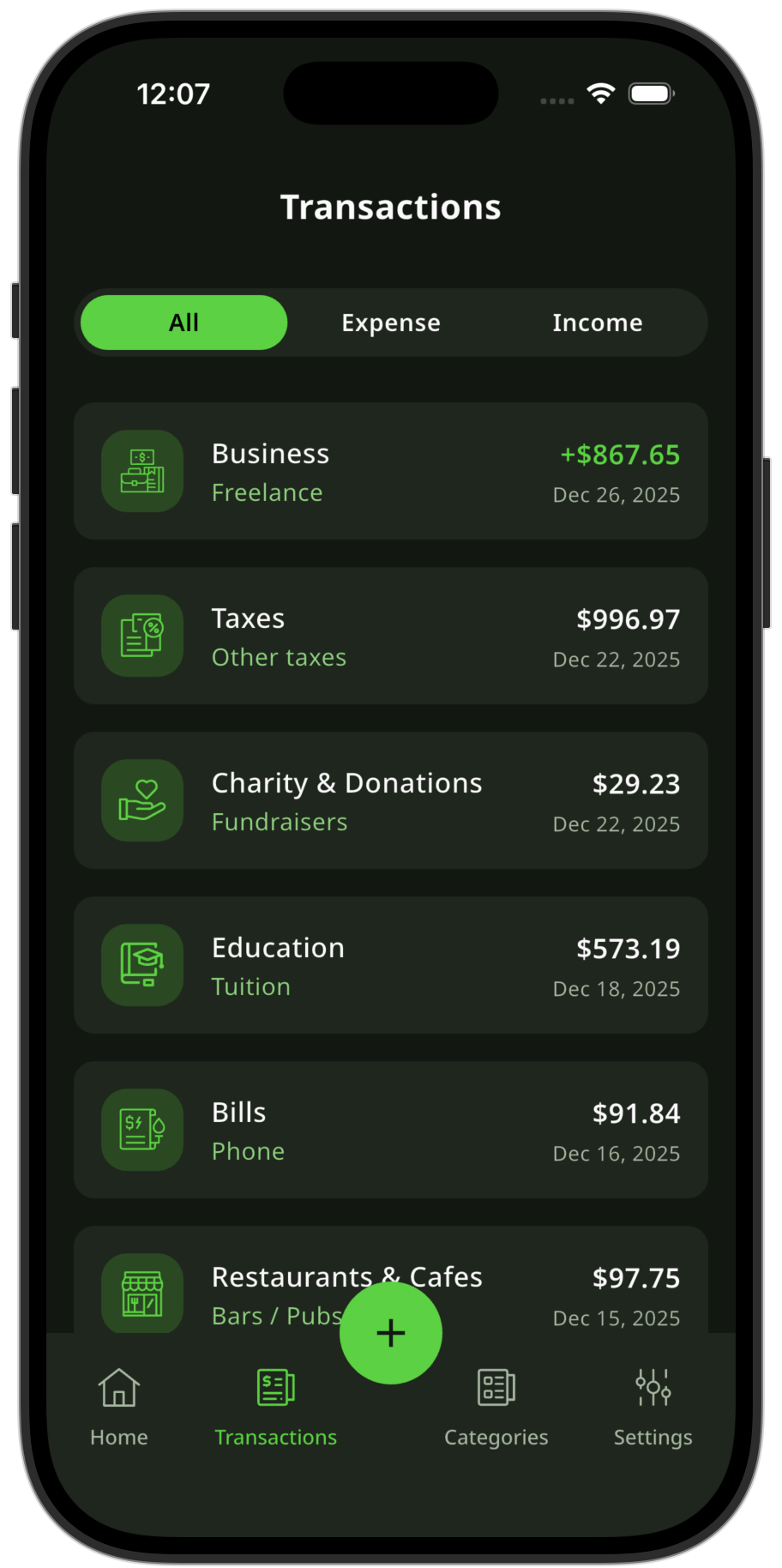Budgetoid transactions list with categories and amounts