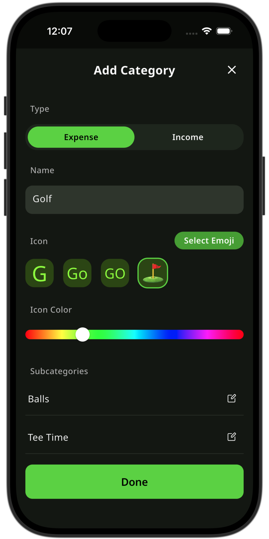 Budgetoid category editor with emoji icon and color picker
